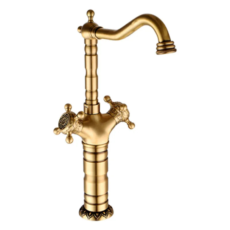 Tuqiu Antique Brass Bathroom Faucet Carved Deck Mounted