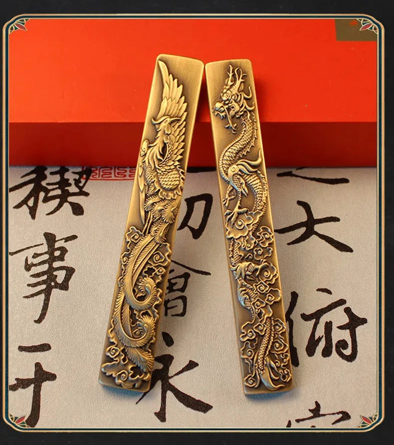 Chinese Style Brass Paperweight Antique Hand Painting Calligraphy