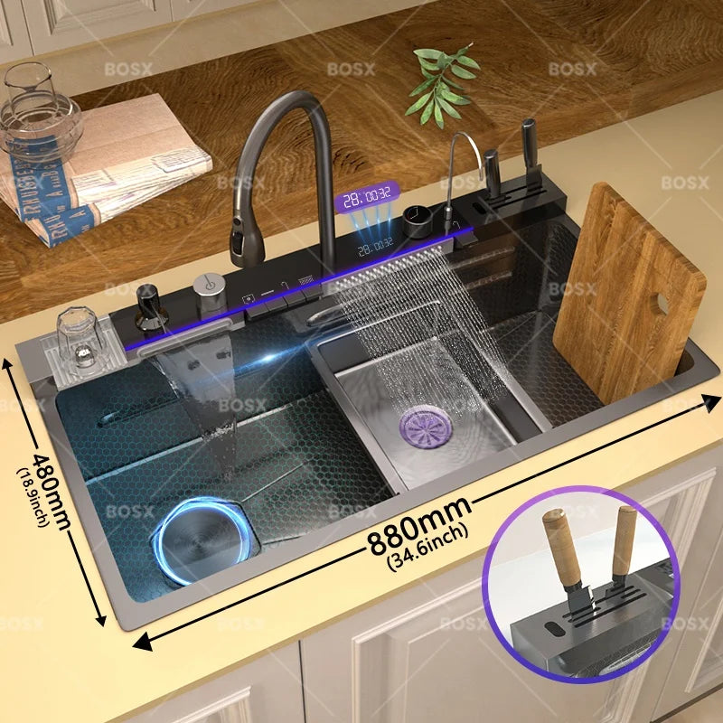 Waterfall Stainless Steel Sink Digital Display Faucet Wash