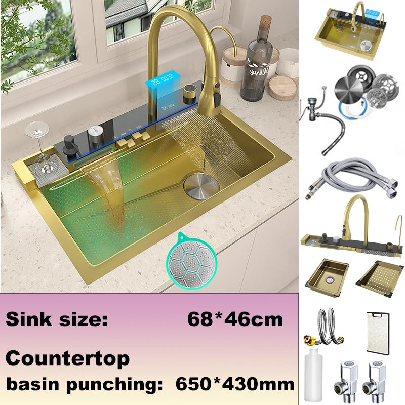 Stainless Steel Sink Large Slot Waterfall Digital Display