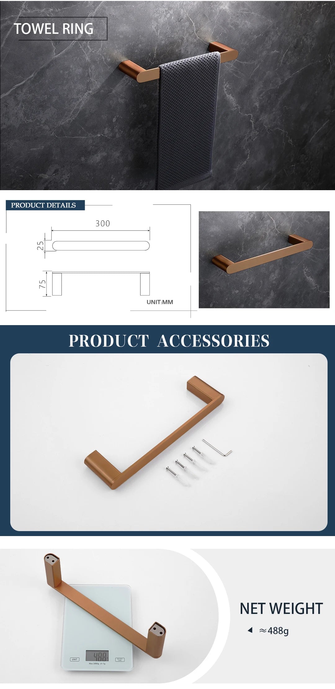 Brushed Rose Gold Storage Rack Towel Bar Tissue