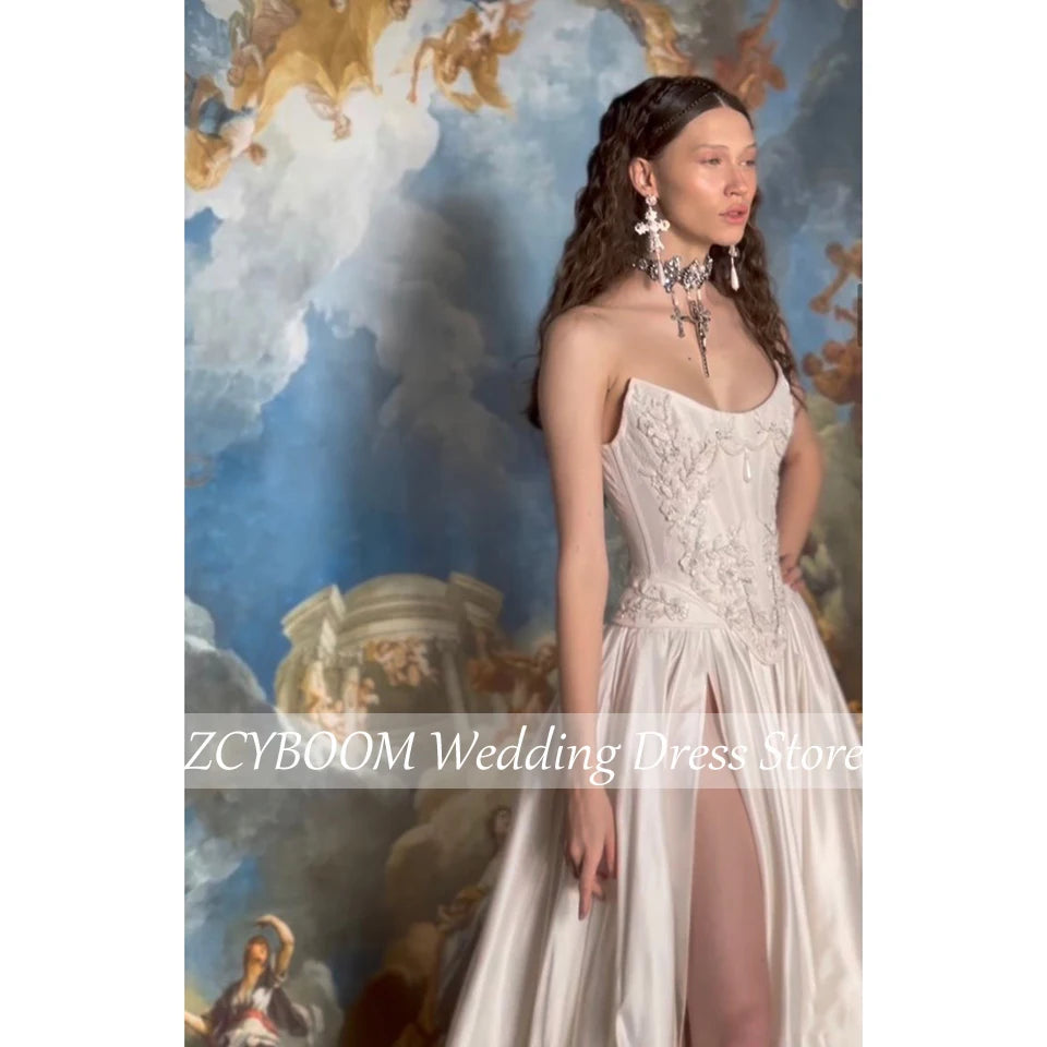 Customized White Strapless Sleeveless Evening Dress A-Line Floor
