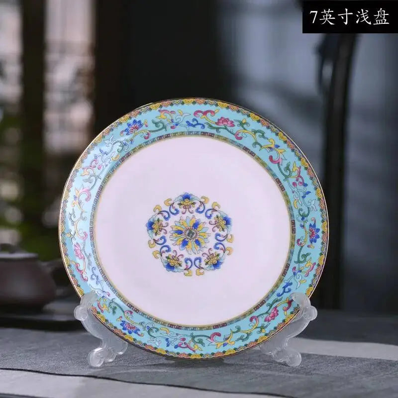 Gold Border Enamel Deep Plate Chinese Bone China
