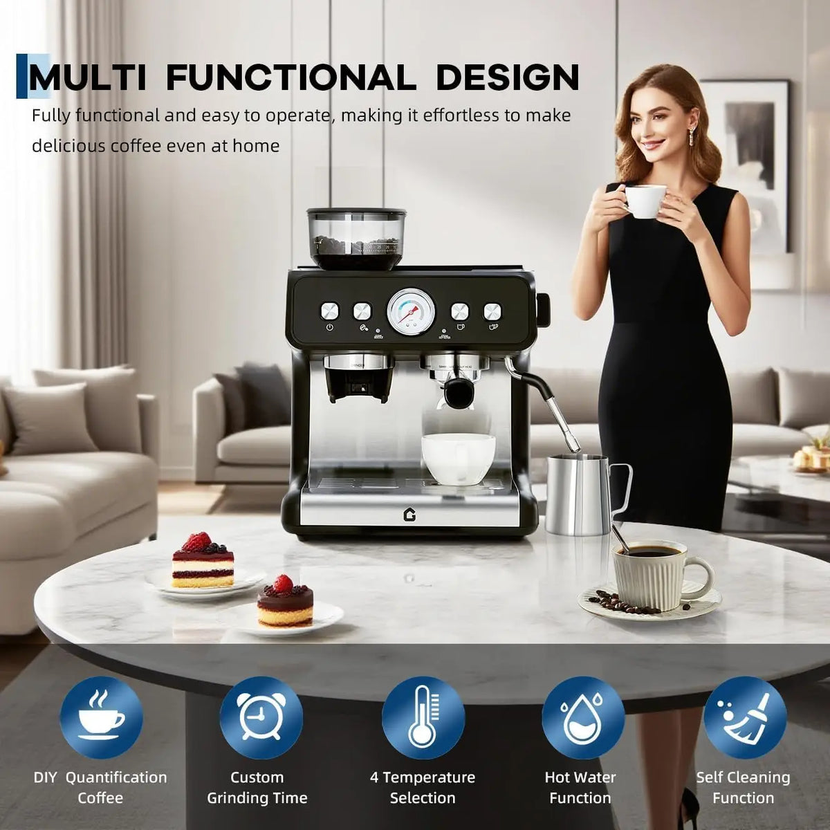 Espresso Machine Grinder 20 Bar Stainless Steel Pressure