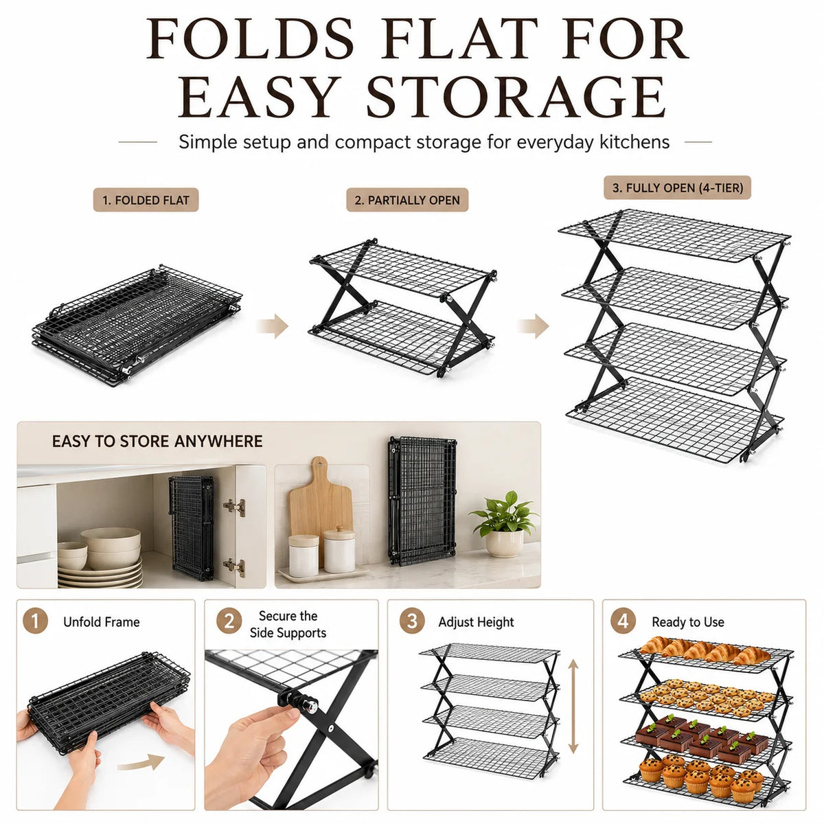 Uwhise 2/3/4-Tier Foldable Baking Cooling Rack Non-Stick Wire