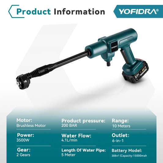 Yofidra 200bar Brushless Electric High Pressure Washer Water