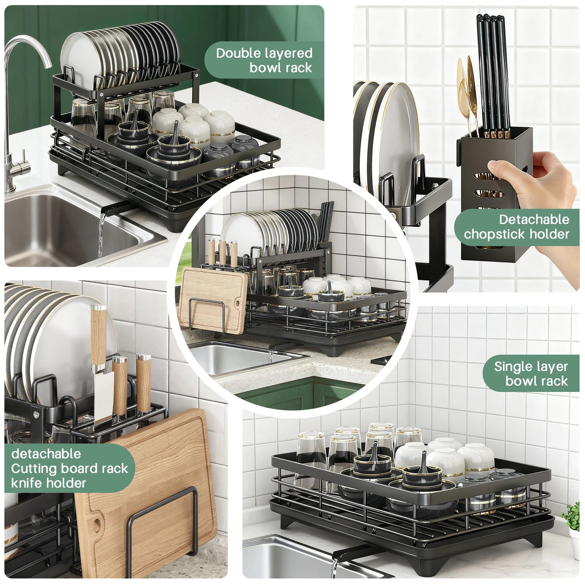 2-Layer Dish Drain Rack Is Suitable Countertop Metal