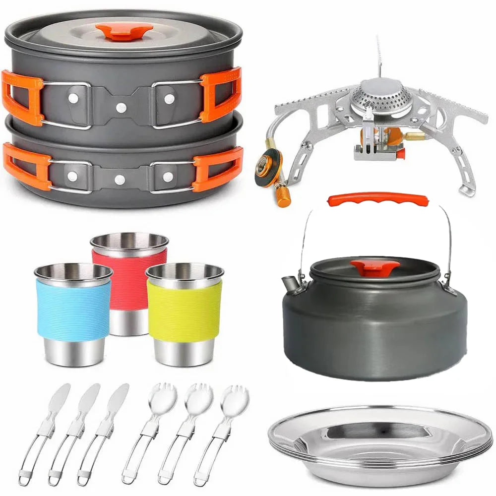 Camping Travel Equipment Tableware Cookware Kit Pots Burner