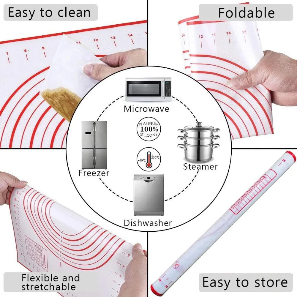 Rolling Pin Silicone Baking Pastry Mat Stainless Steel