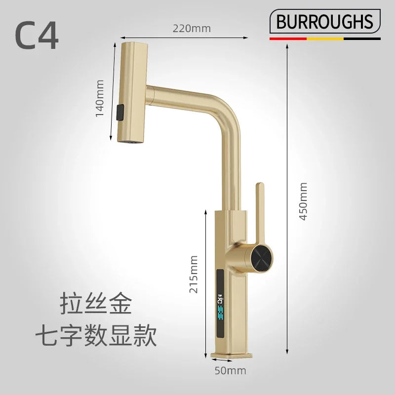 Faucet Cold Digital Display Pull-Out Rotatable Multi-Functional