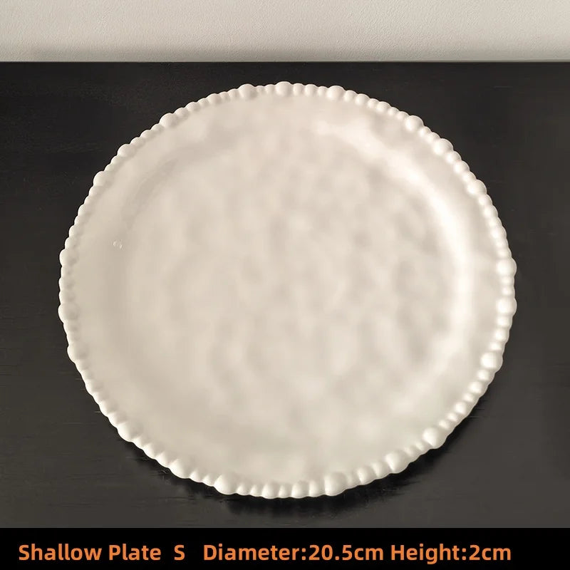 White Beaded 10 Ceramic Dinnerware Shallow Plates Scratch