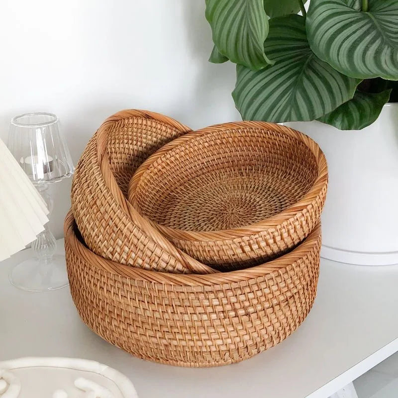 Round Rattan Fruit Basket Wicker Woven Snack Tray
