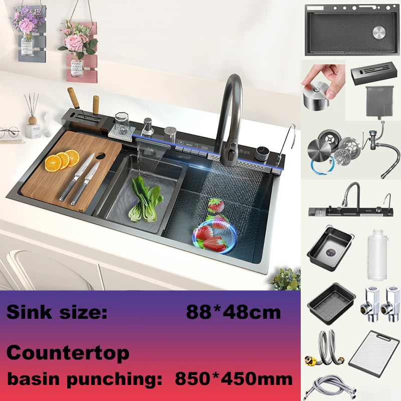 Stainless Steel Sink Large Slot Waterfall Digital Display