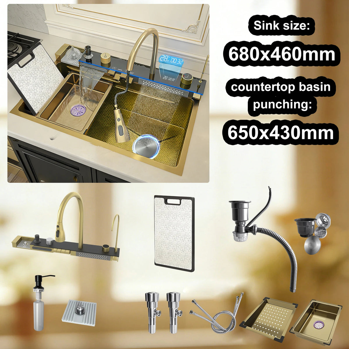 Stainless Steel Sink Digital Display Waterfall Large Slot