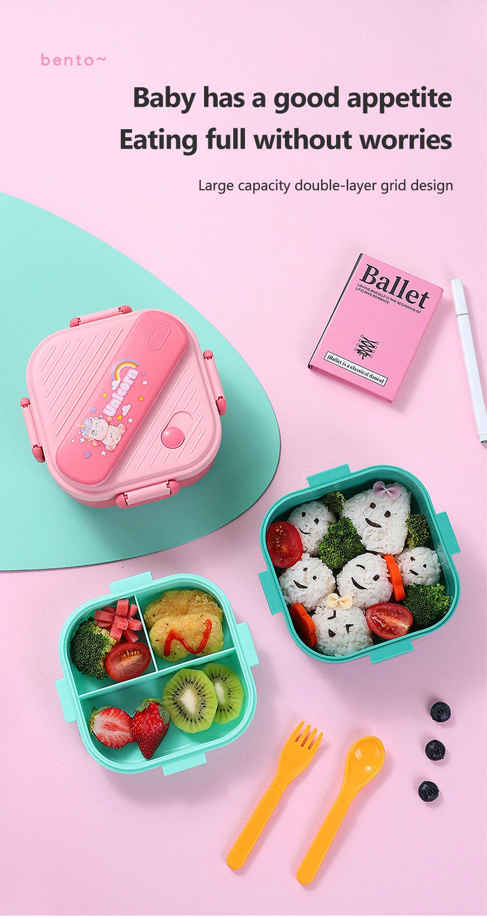 Grids Unicorn Lunch Box Children Students Sandwich Fruit