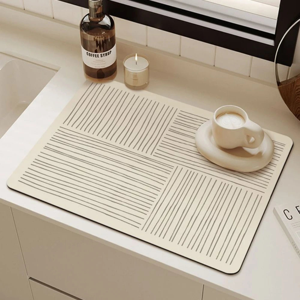 Dish Drying Mat Beige Geometric Print Non-Slip Quick