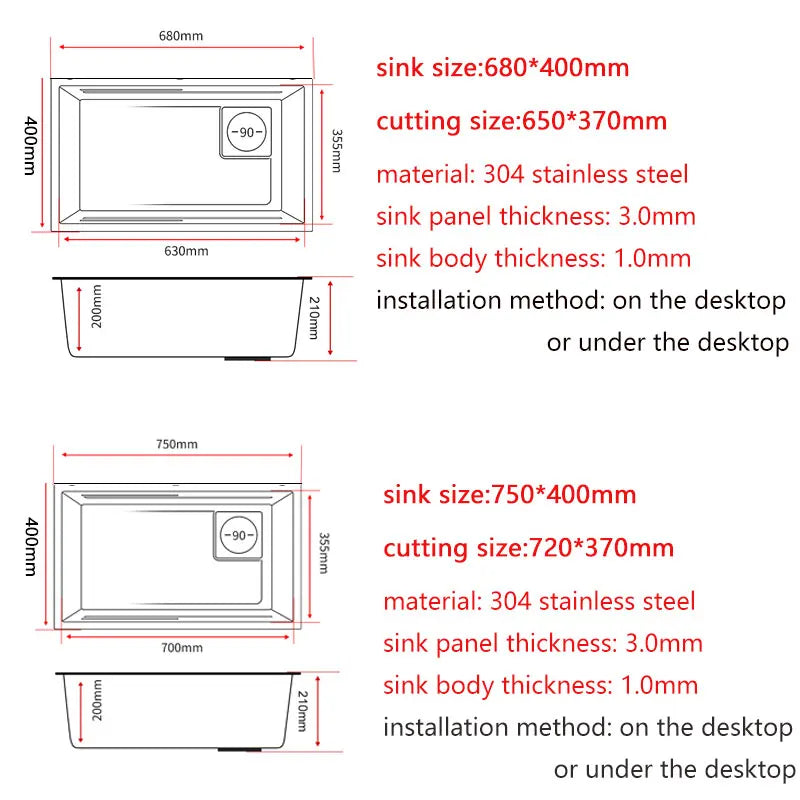 304 Stainless Steel Undermount Or Above Mount Sink