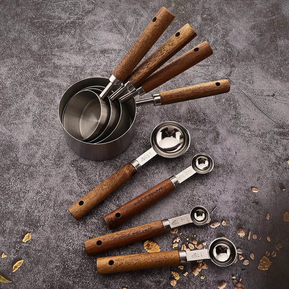 Gold Wooden Handle Stainless Steel Measuring Cups Spoons