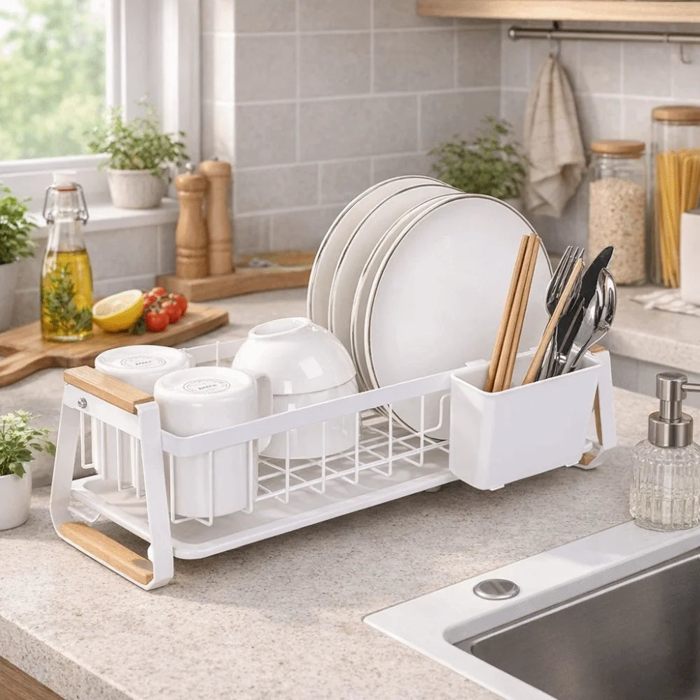 Detachable Dish Rack Wooden Handle Metal Frame Organizer