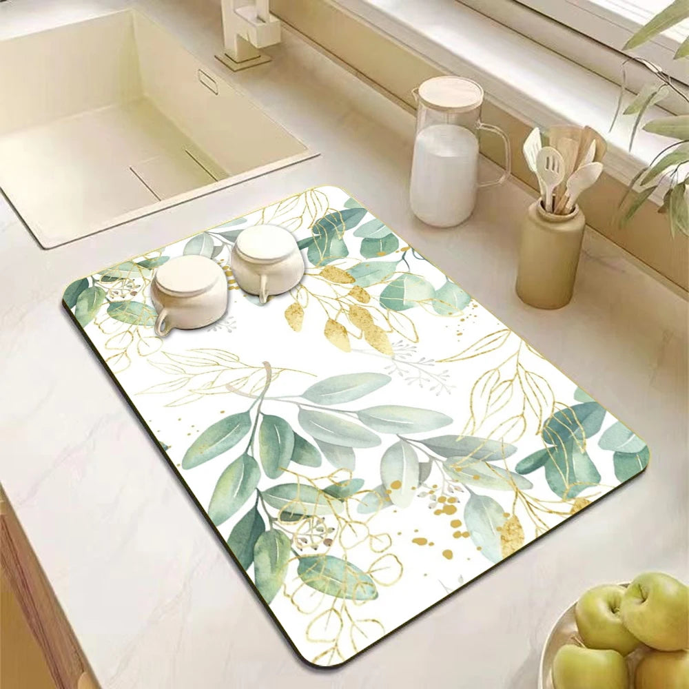 Eucalyptus Leaves Themed Dish Drying Mat Non-Slip Heat-Resistant