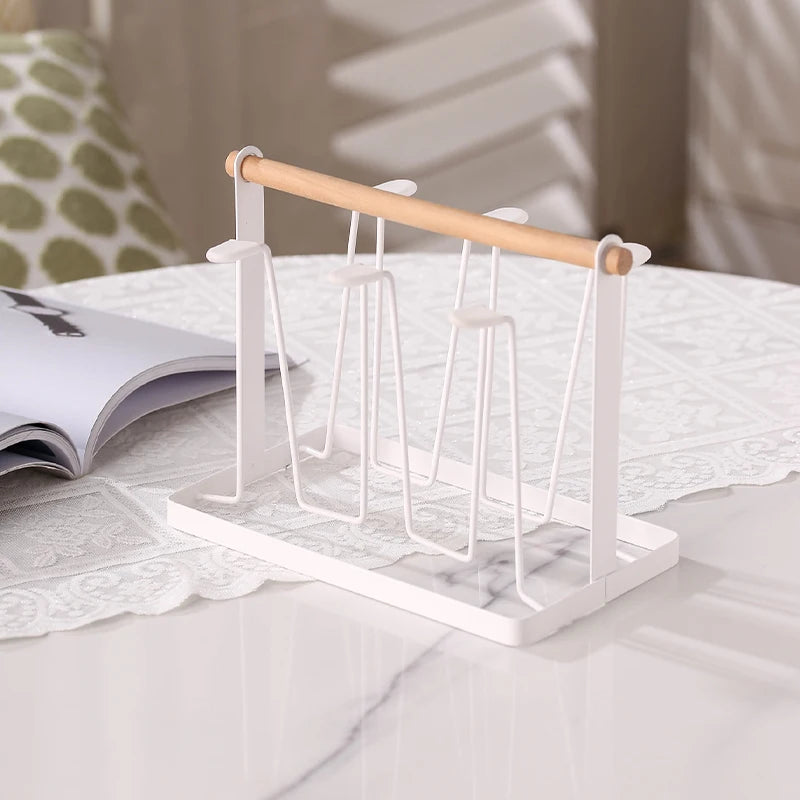 6-Cup Glass Cup Drying Rack Wooden Handle Countertop
