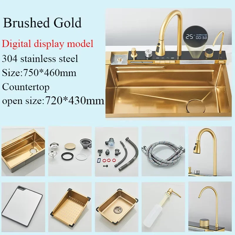 Stainless Steel Waterfall Sink Large Slot Integrated Digital