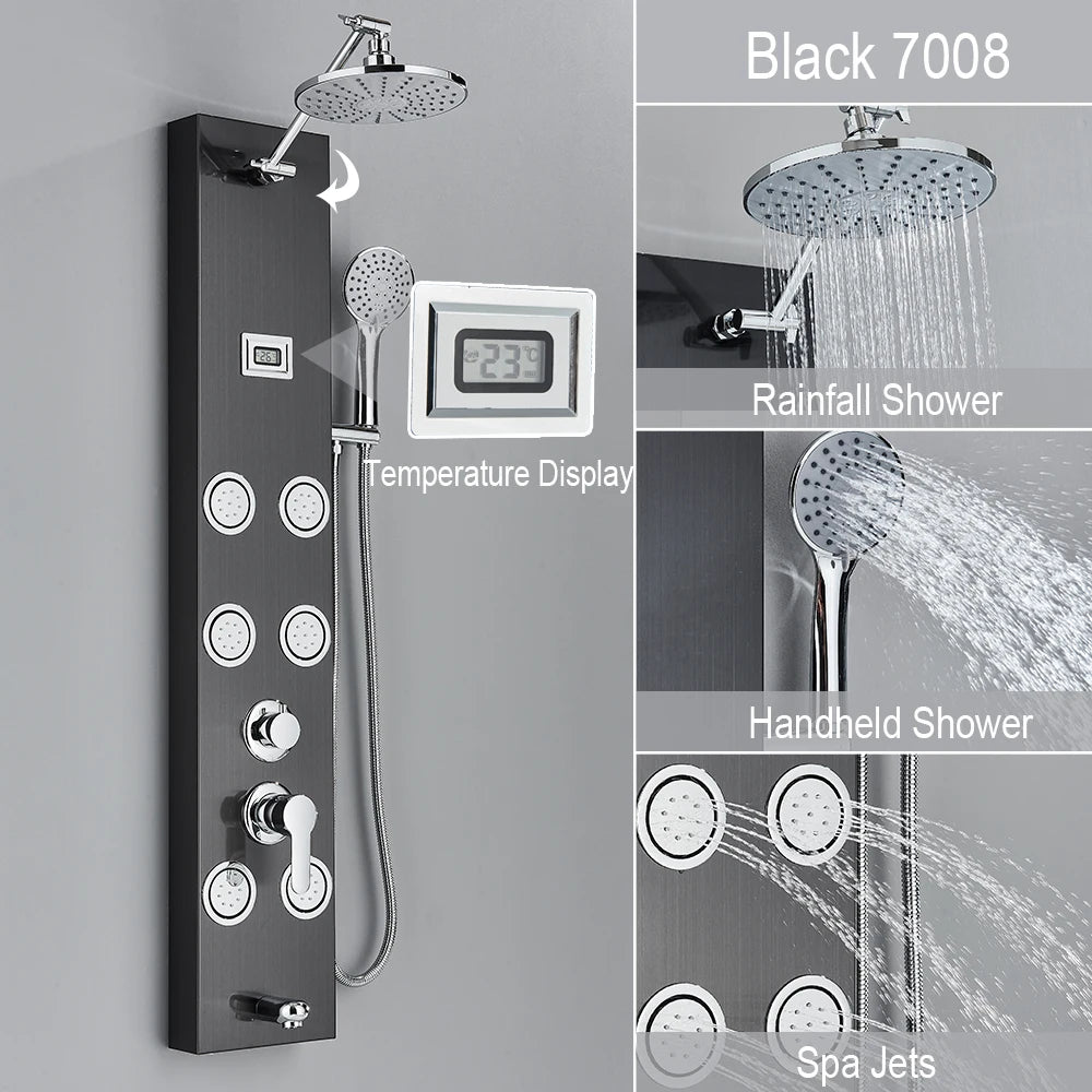 Black Shower Panel Storage Rack Rainfall Shower Faucet