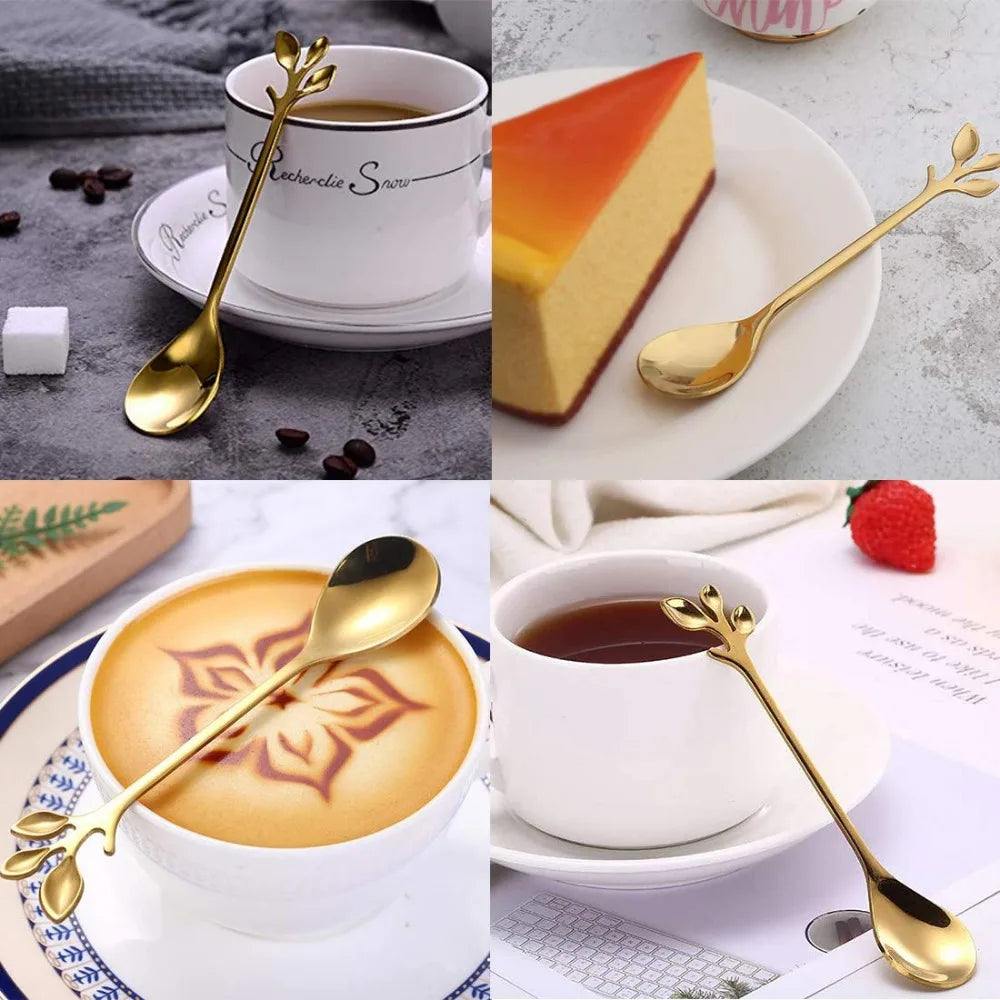6pcs/Set Long Handle 4-Inch Leaf Teaspoons Gold Stainless