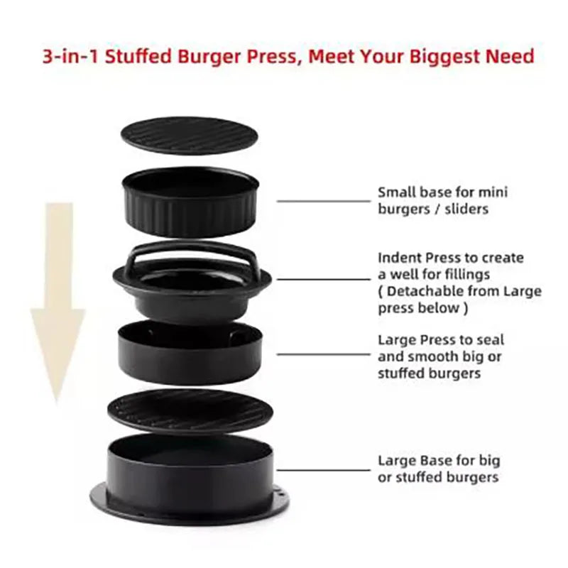 3in1 Round Hamburger Burger Press Beef Grill Food-Grade