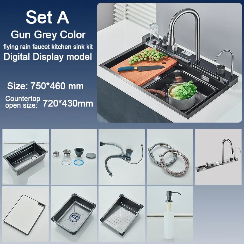 Stainless Steel Sink Faucet Digital Display Large Bowl