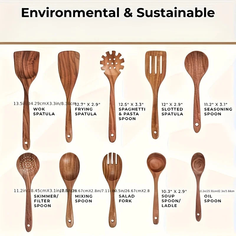 10pcs Natural Wooden Cooking Utensils Kit - Spoons