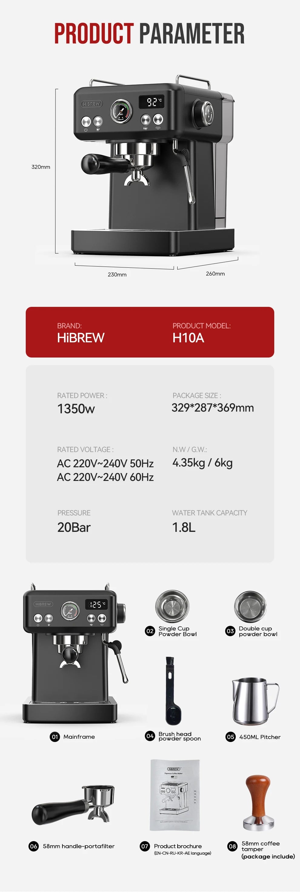 Hibrew H10a Black Espresso Machine Temperature Volume Pre