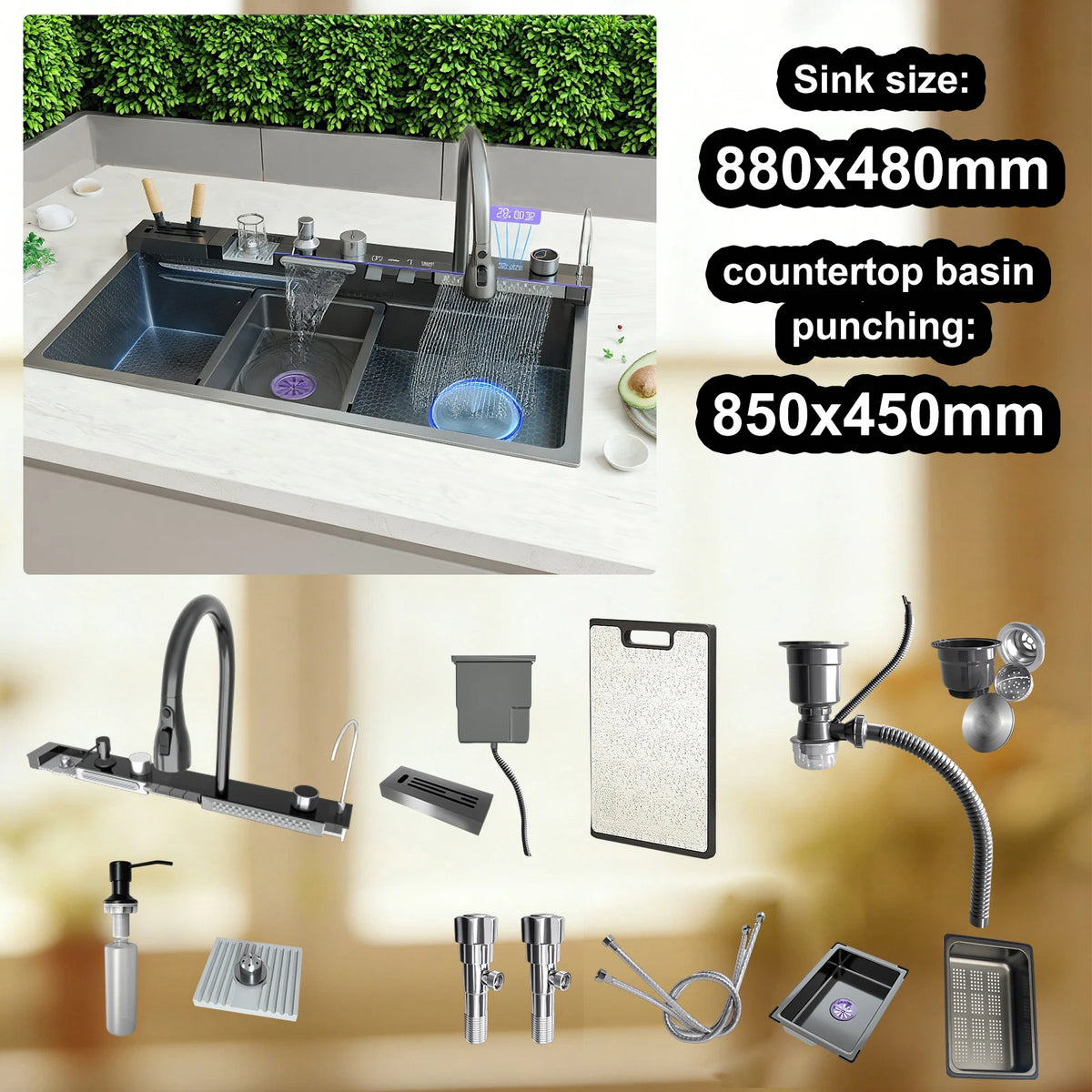 Stainless Steel Sink Digital Display Waterfall Large Slot