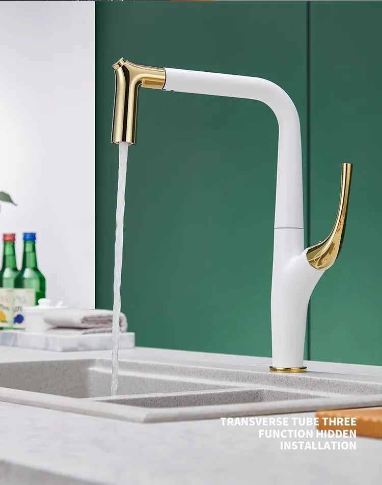 Brushed Gold Pull Out Faucet Tap Brass Crane