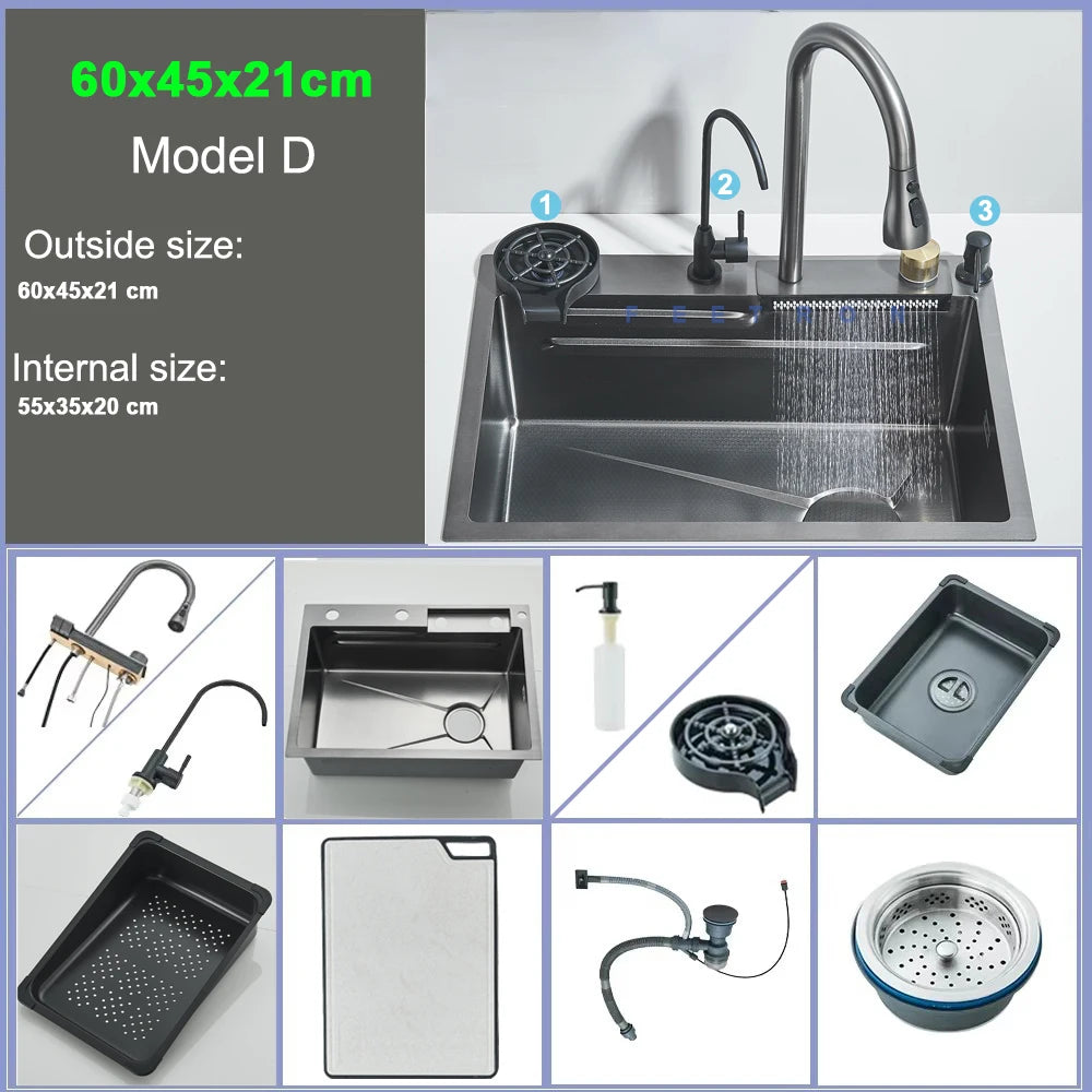 Shinesia Stainless Steel Waterfall Sink Digital Display Large