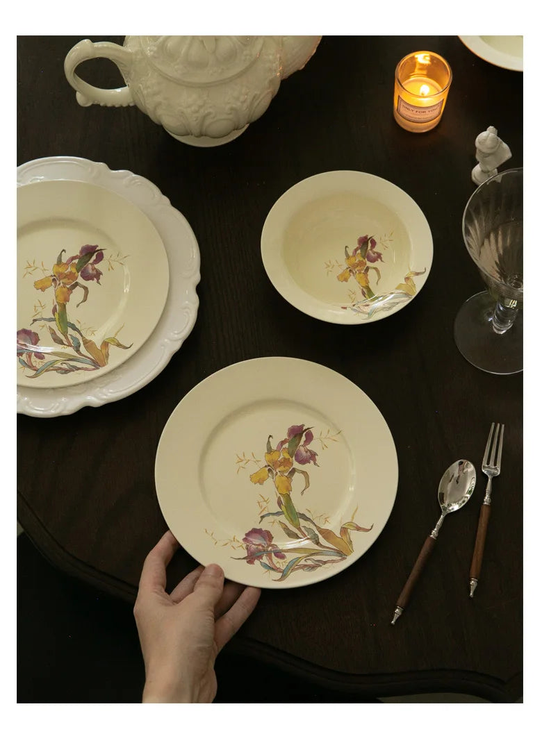 Ceramic Dinner Plate French Iris Dessert Bowl Dishes