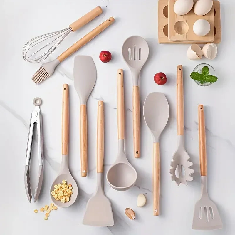12pcs Of Multi-Color Silicone Wooden Handle Kitchenware Non