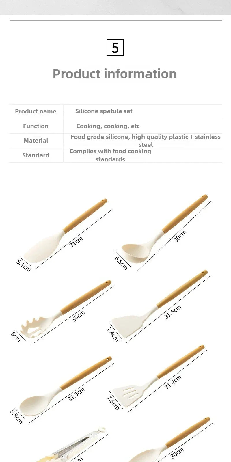 Food Grade Silicone Cooking Utensils Turner Tongs Spatula
