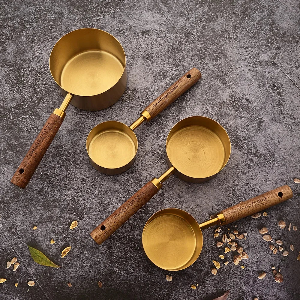 1/4/8pcs Gold Wooden Handle Stainless Steel Measuring Cups