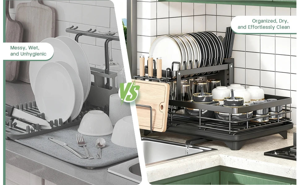 2-Layer Dish Drain Rack Is Suitable Countertop Metal