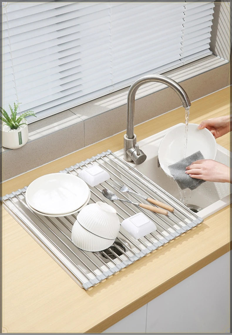 Roll Up Sink Drain Rack Stainless Steel Foldable