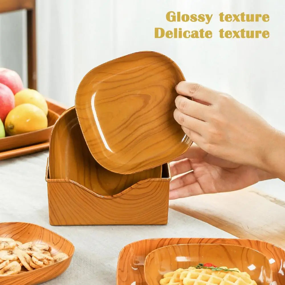 10pcs Japanese-Style Plastic Dish Simple Imitation Wood Grain