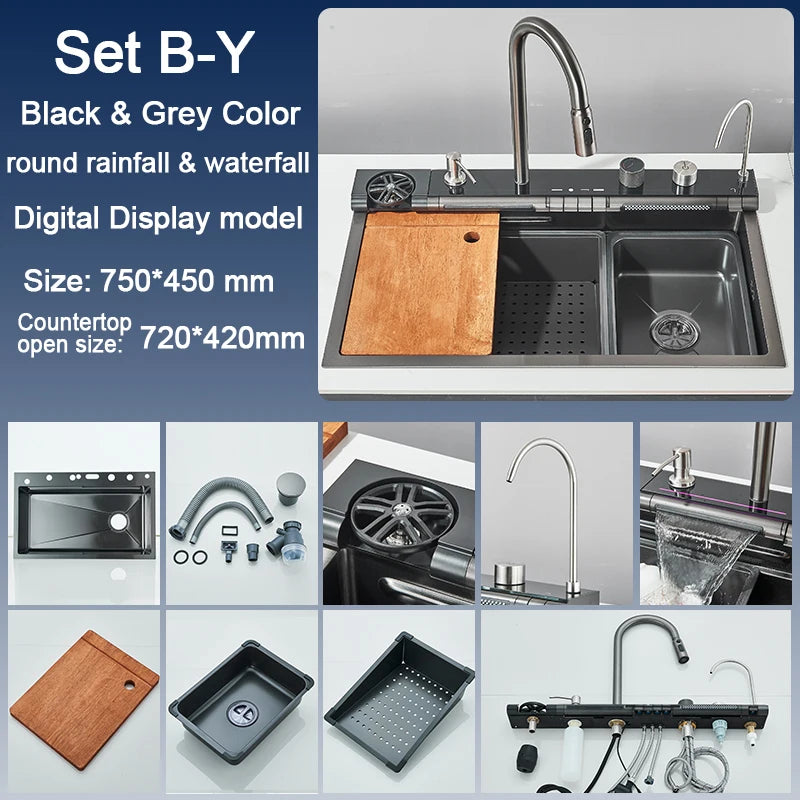 Stainless Steel Sink Faucet Digital Display Large Bowl