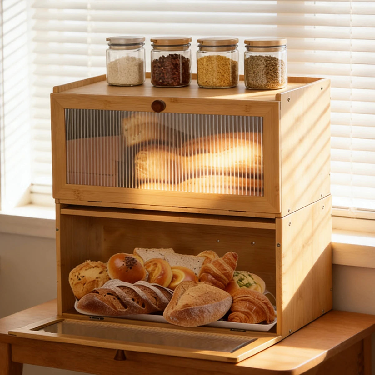 Natural Bamboo Bread Box Counter - Large Capacity