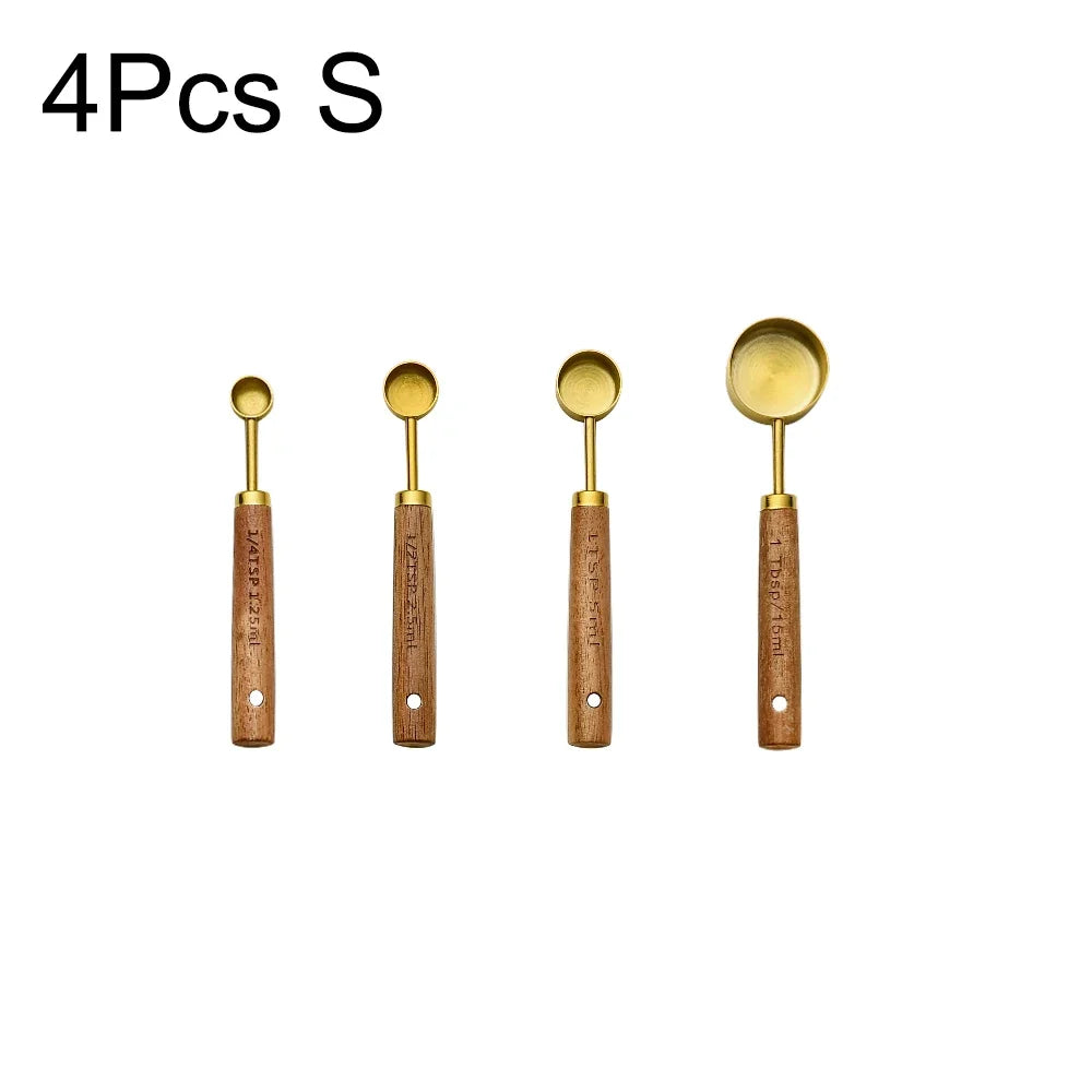 1/4/8pcs Gold Wooden Handle Stainless Steel Measuring Cups