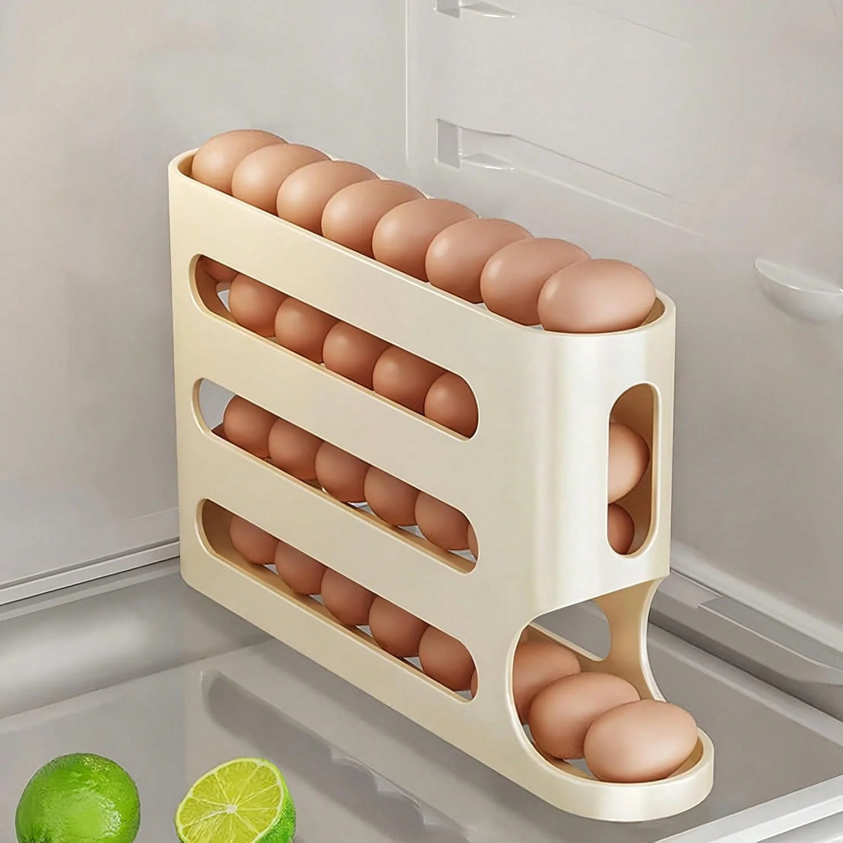 Automatic Rolling Egg Dispenser Organizer Refrigerator 4-Tier