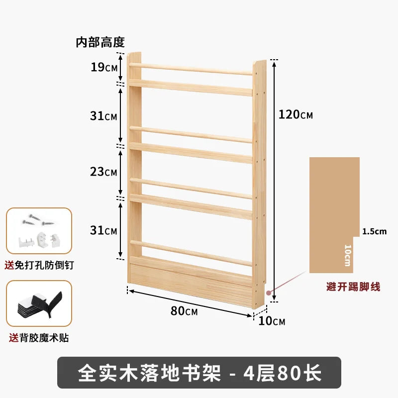 Solid Wood Narrow Bookshelf Door Backspace Saver Children