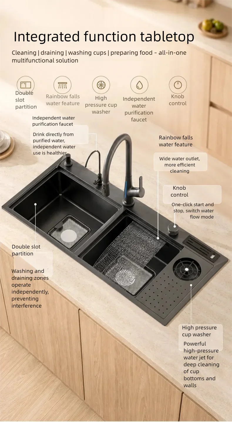 Stainless Steel Waterfall Sink Embossed Hidden Cup Washer