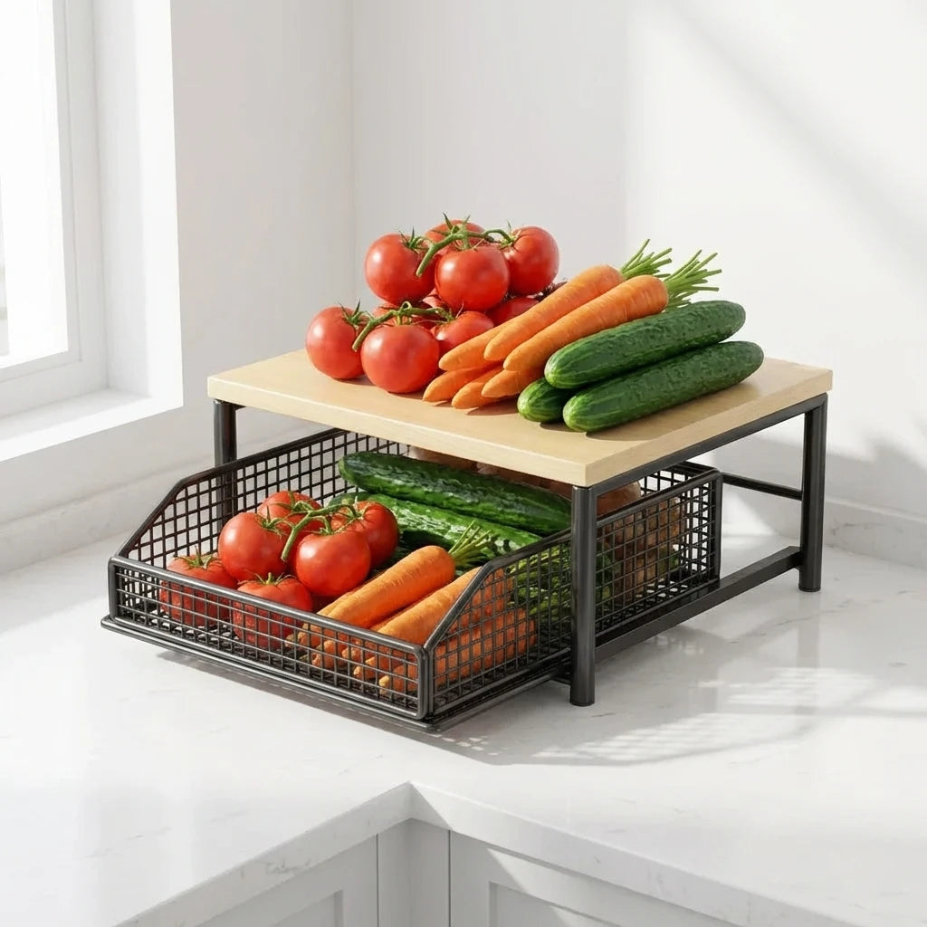 2-Tier Organizer Rack Sliding Drawer Metal Microwave Stand