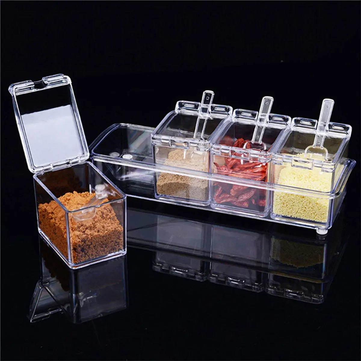 Clear Seasoning Box Condiment Storage Container Spoon Clear
